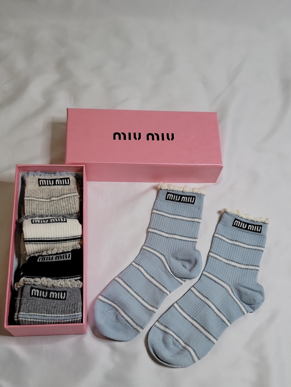 Miu Miu  Striped Ribbed Crew Socks Gift Set  with Ruffle Cuff